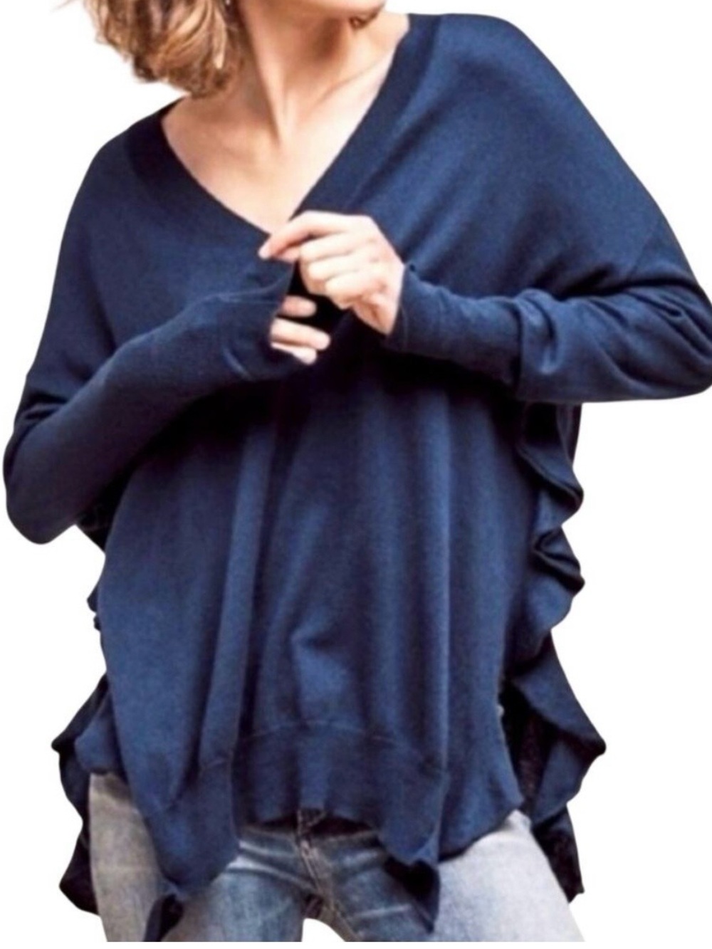 Moth by Anthropologie V-Neck Oversized Navy Blue Ruffle Side Sweater S - Italy